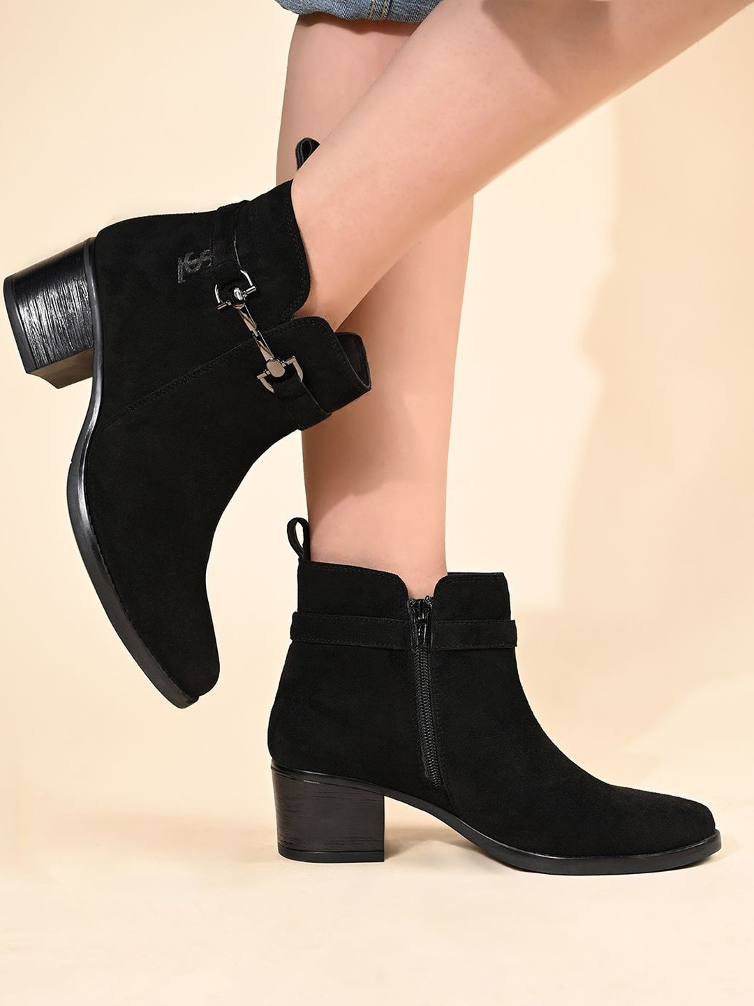 LOUIS STITCH Women Elegant Mid-Top Neck Belt Buckle Slip-On Chelsea Boots