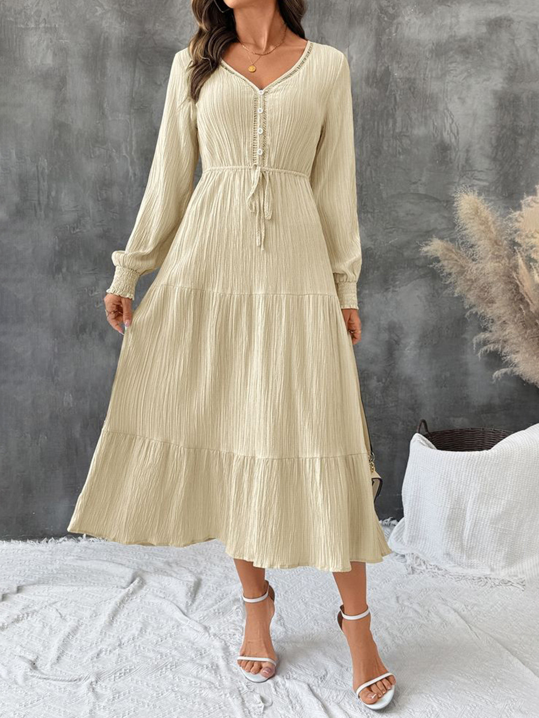 Beige Self Design V-Neck Long Sleeve Midi Dress