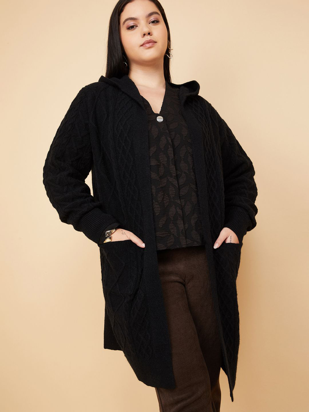 max Women Hood Self Design Cable Knit Longline Cardigan