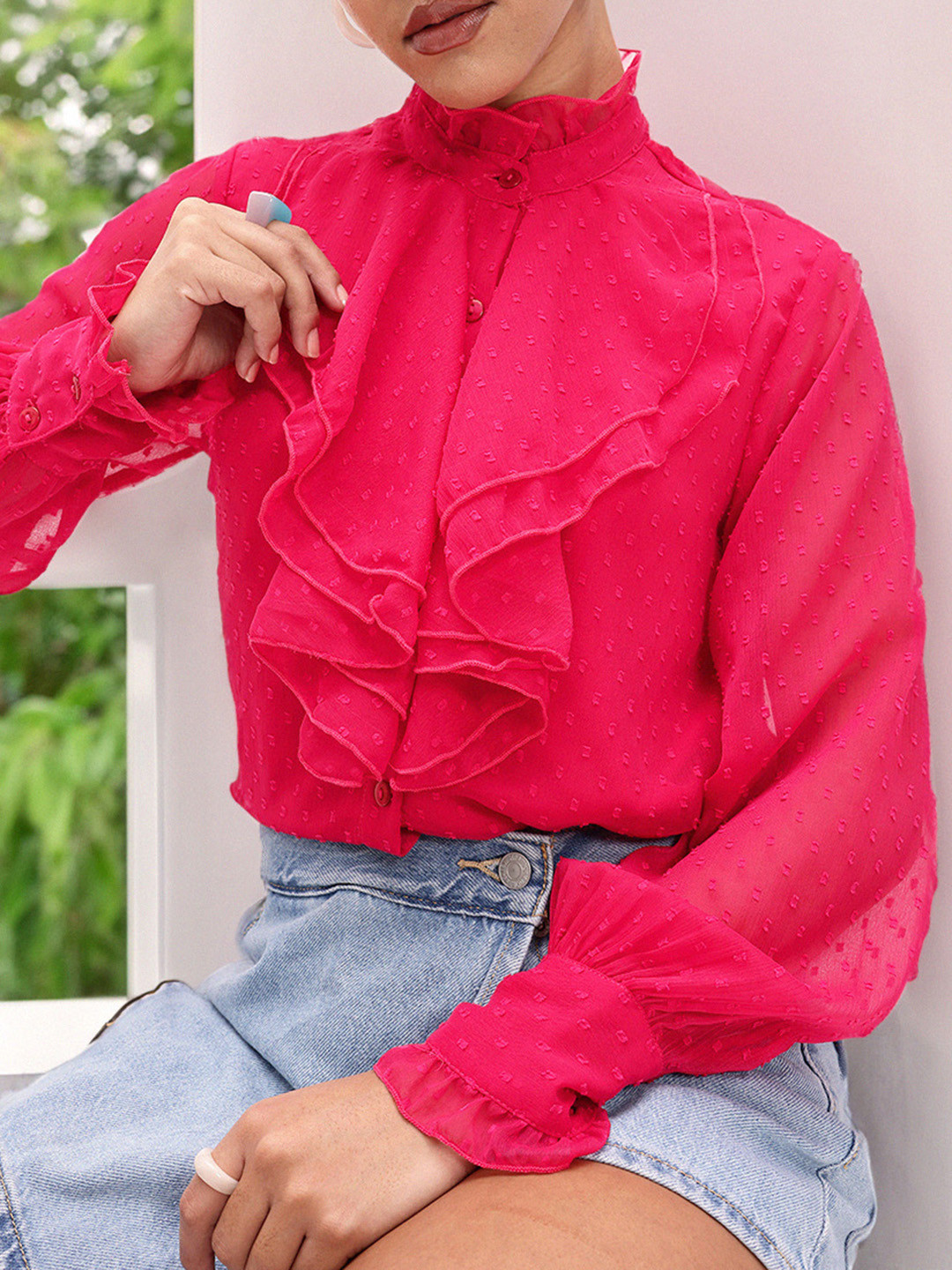 glitchez Ruffled Dobby Weave Shirt Style Top