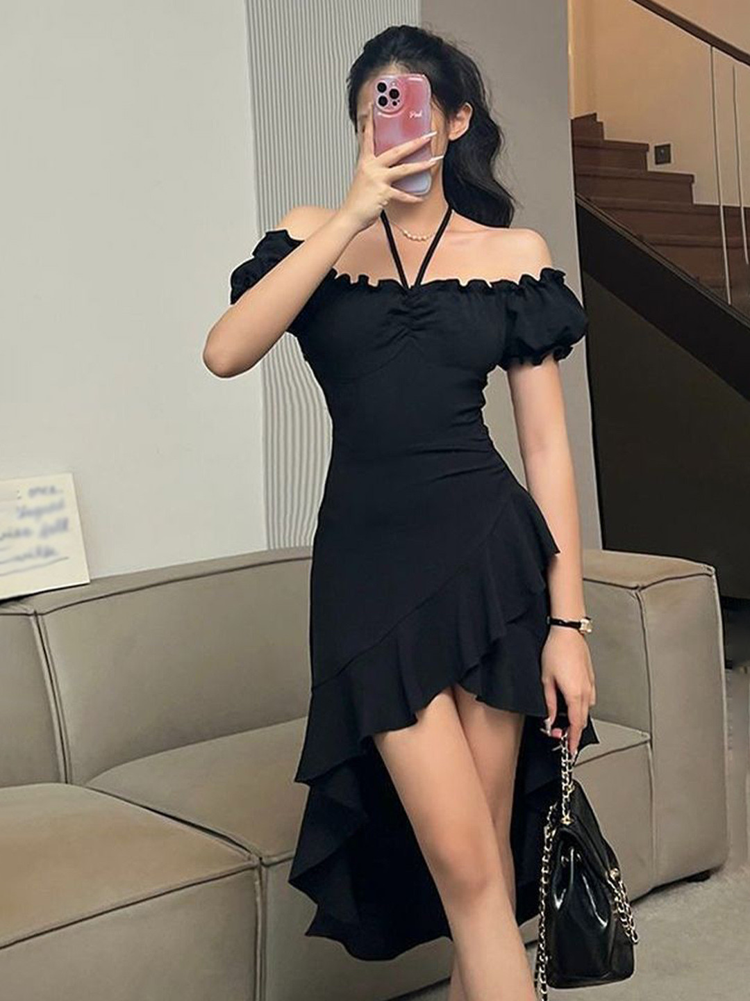 LULU & SKY Women Off-Shoulder Puff Sleeve Ruffle Detail Asymmetric Hem Sheath Dress