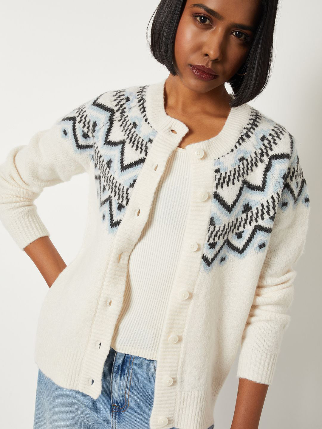 max Women Self Design Fair Isle Printed Cardigan