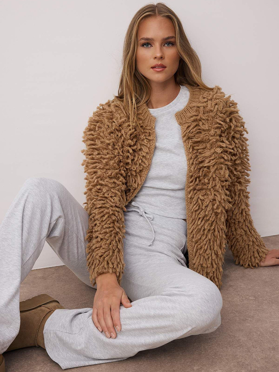 Trendyol Women Round Neck Long Sleeves Boucle Cardigan With Fuzzy Detail