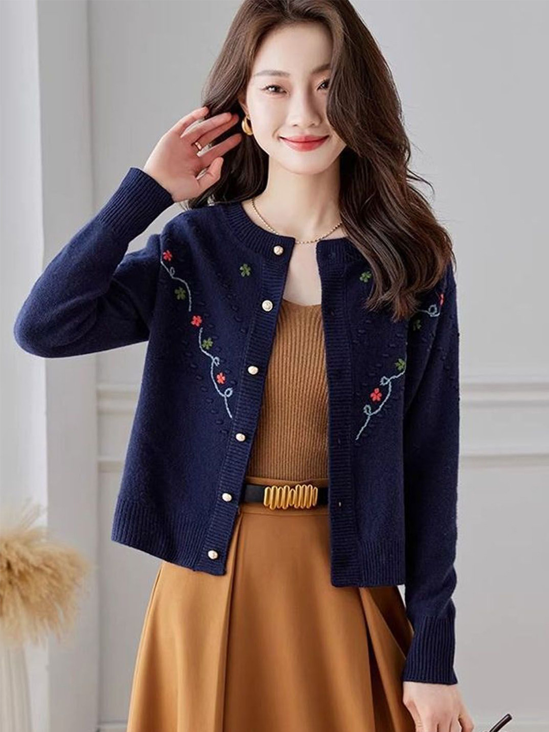 StyleCast Women Embroidered Round Neck Long Sleeves Cardigan