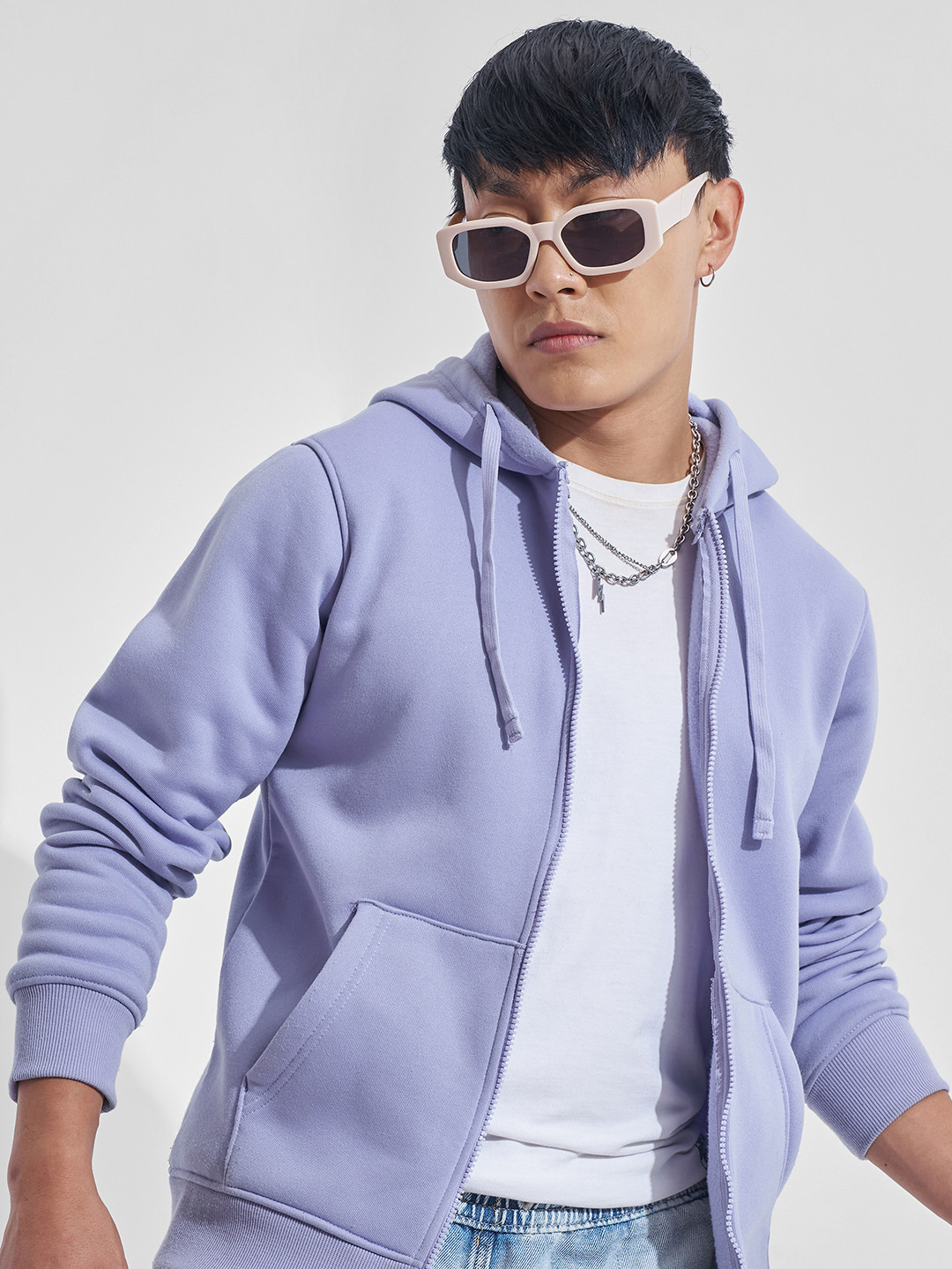 HIGHLANDER Men Lavender Hooded Front Open Sweatshirt