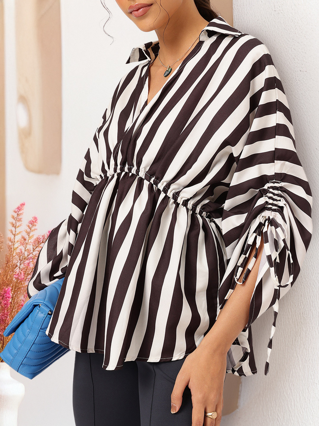glitchez Monochromatic Stripes Shirt Collar Kimono Sleeves Empire Top