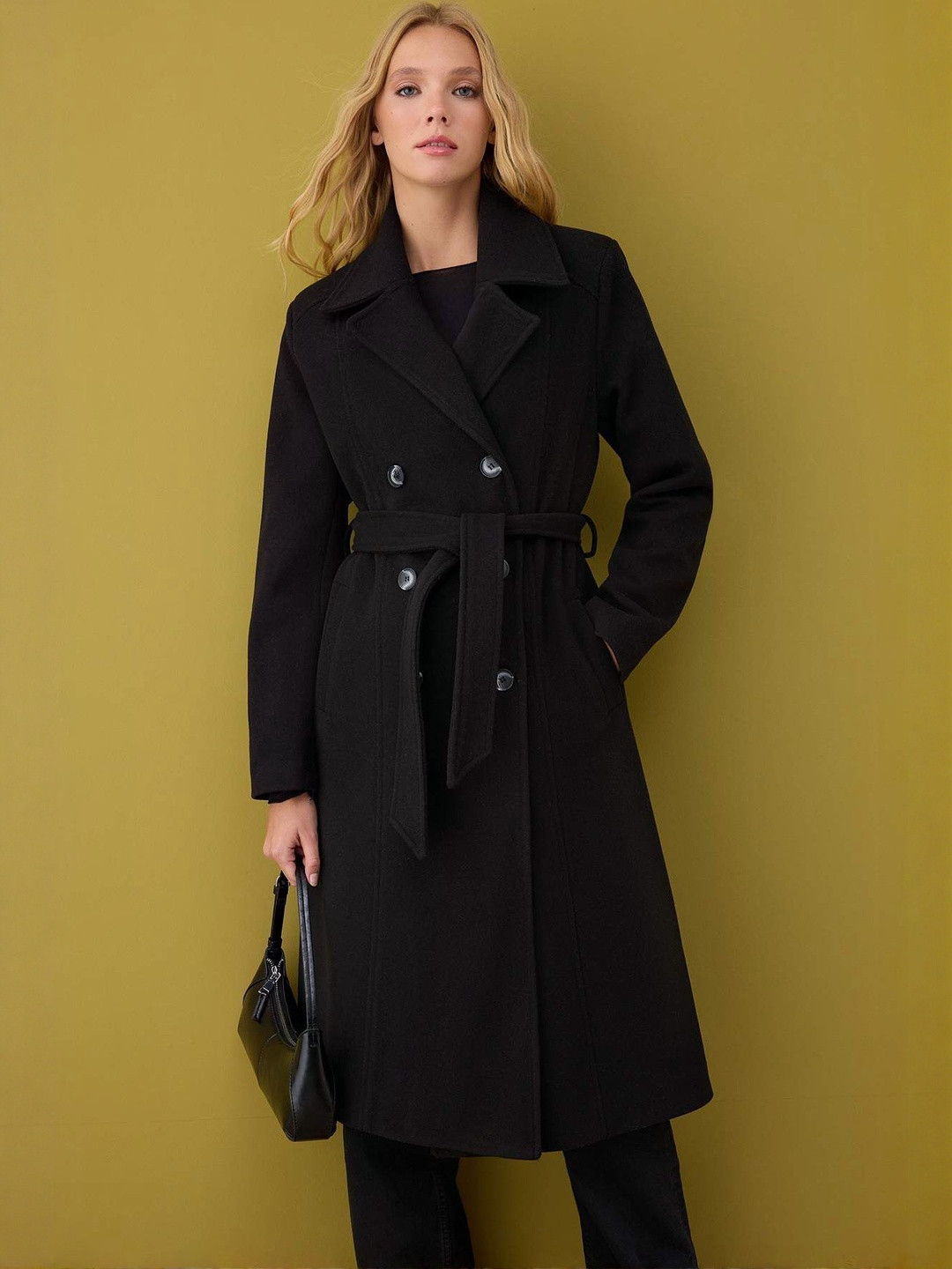 Trendyol Women Tie Ups Notched Collar Long Sleeves Double Breasted Overcoat