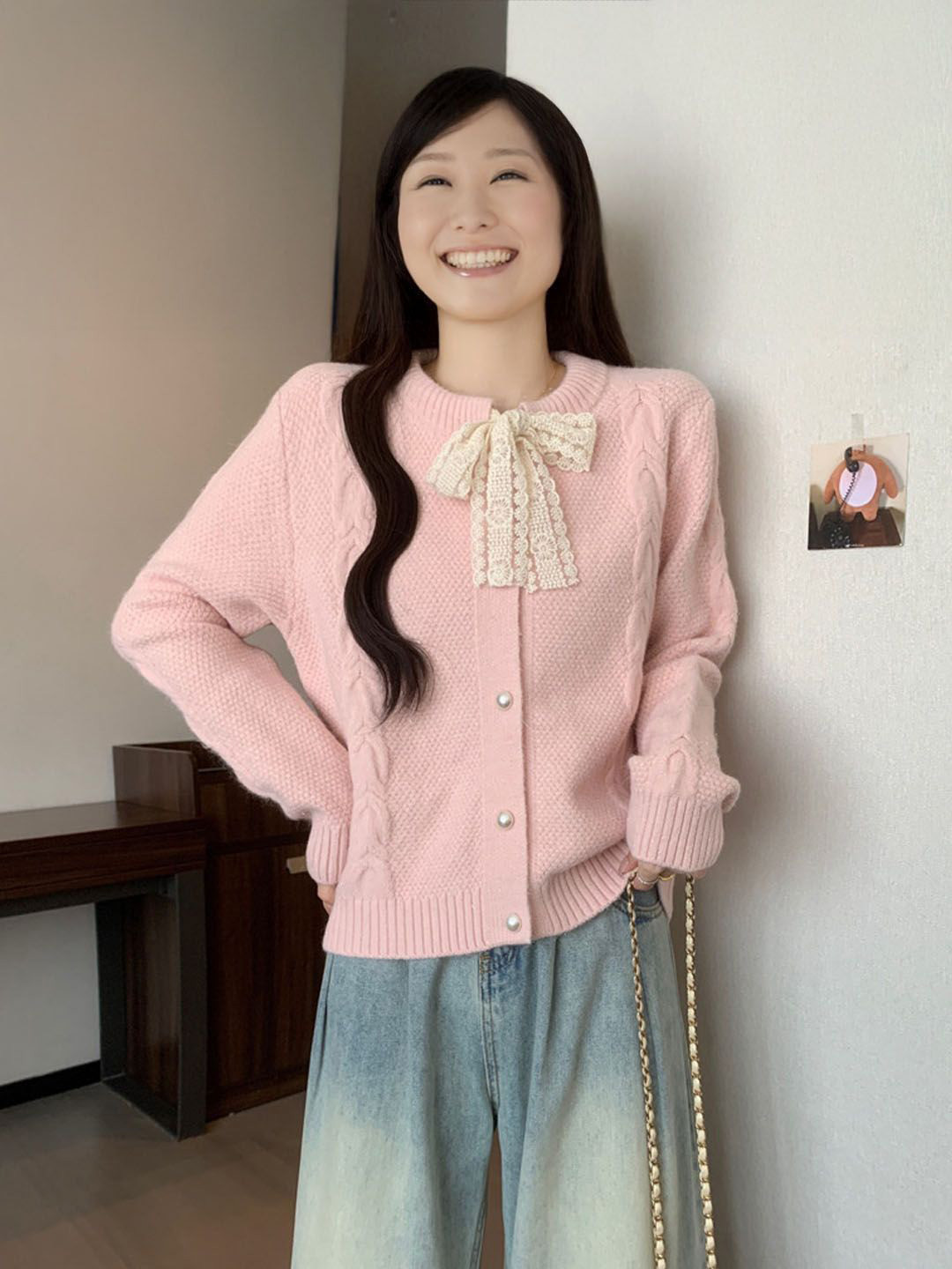 StyleCast Women Round Neck Tie Up Detail Long Sleeves Cardigan