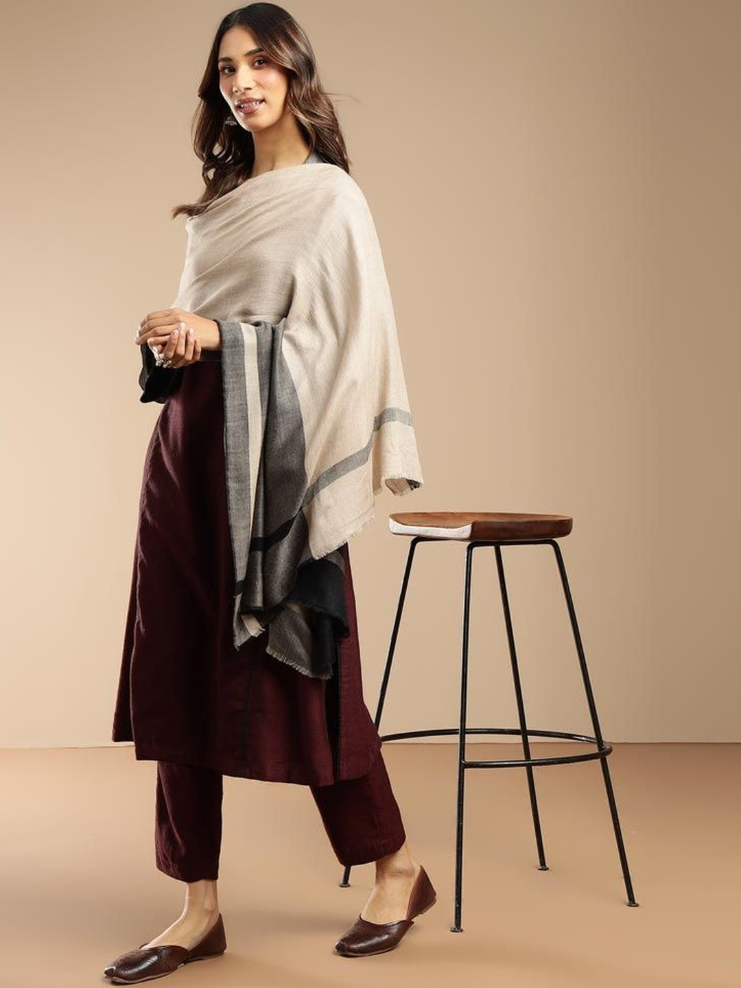 Fabindia Colourblocked Fringed Border Woollen Shawl