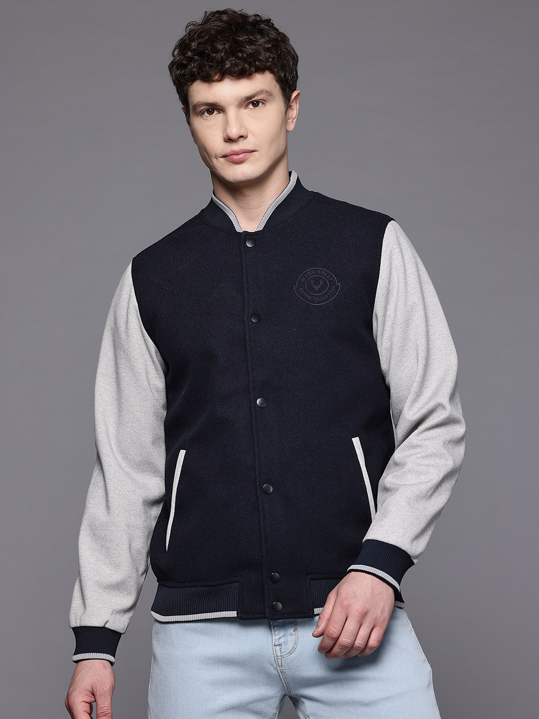 Allen Solly Stand Collar Varsity Jacket with Embroidered Detail