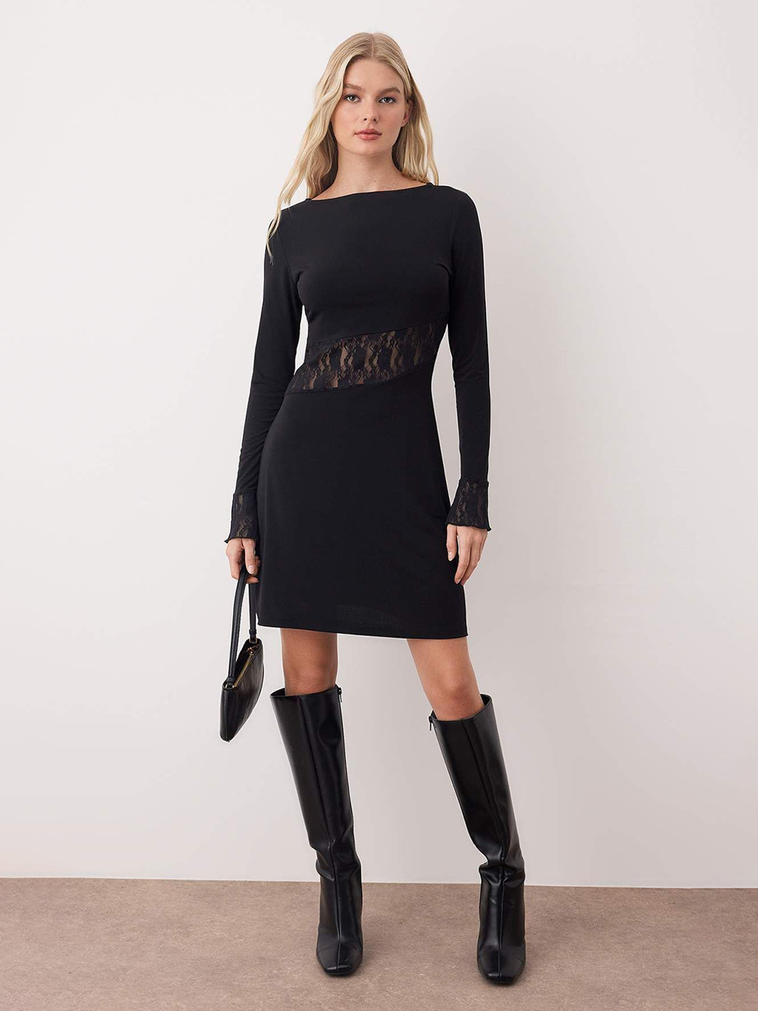 Trendyol Women Solid Boat Neck Long Sleeve Lace Inserts Detail Sheath Mini Dress