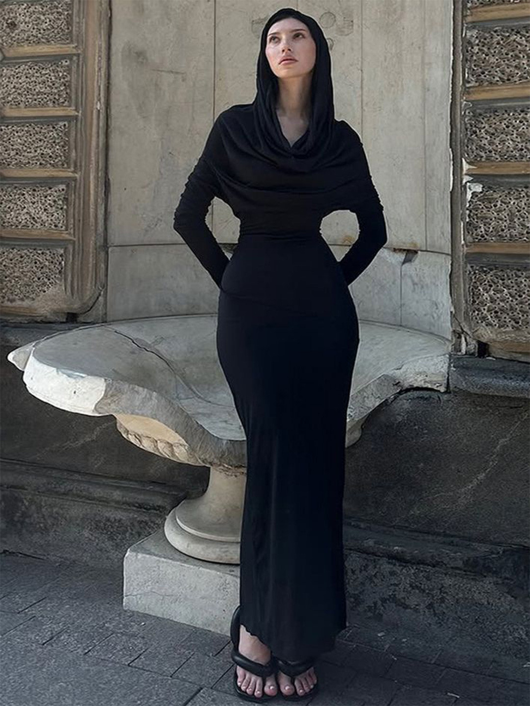 LULU & SKY  Women Solid Draped Cowl Neck Bodycon Maxi Dress