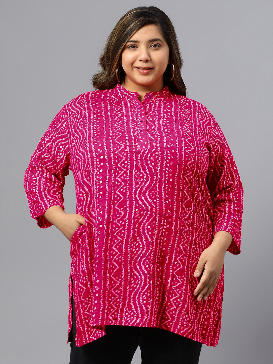 Indietoga Women Plus Size Bandhani Printed Mandarin Collar Straight Long Tunic