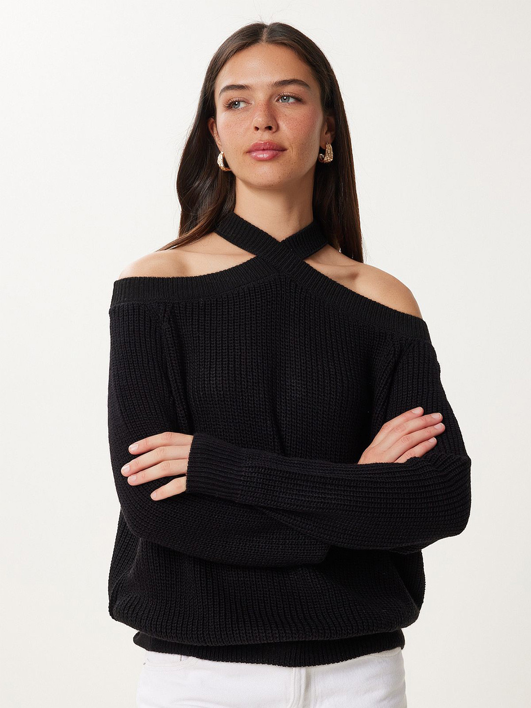 Happiness istanbul Siyah Women Ribbed Halter Neck Pullover Sweater