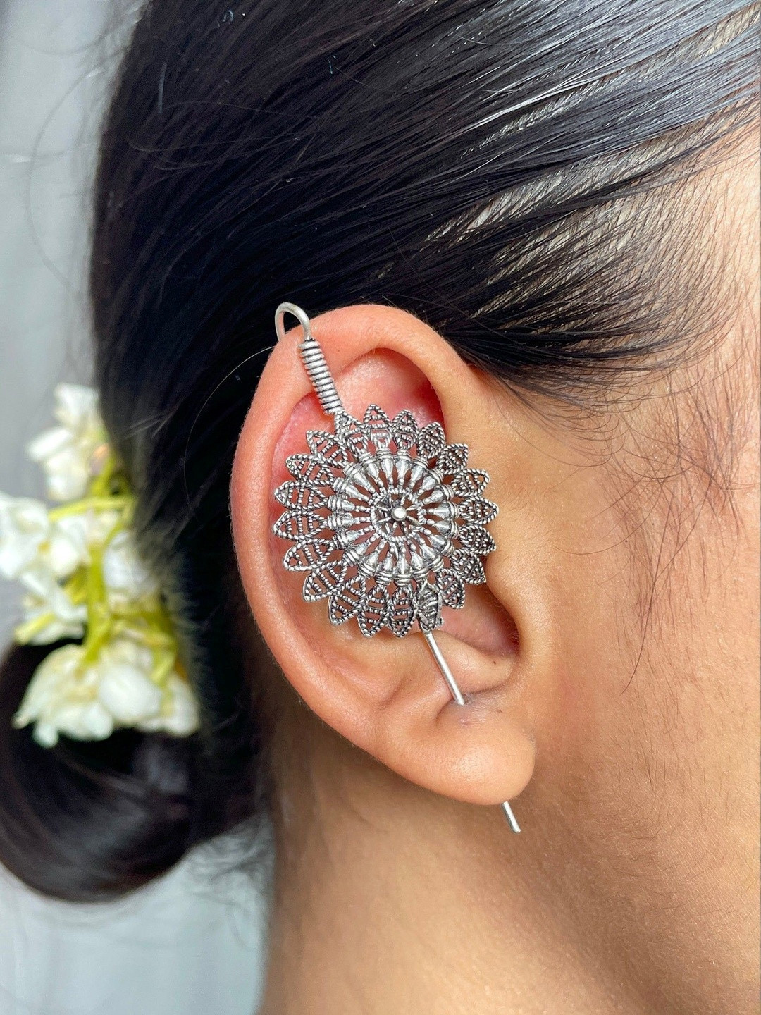 ISHKAARA Silver-Plated Oxidised Floral Ear Cuffs