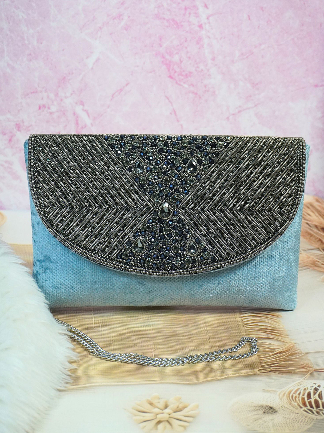 OSTY Blue & Black Embellished Embroidered  Jute Envelope Clutch With Shoulder Strap