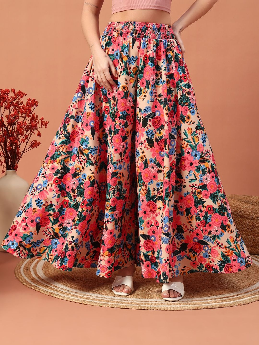 OTABU Women Floral Printed Relaxed Flared Smocked High-Rise Wrinkle Free Trouser