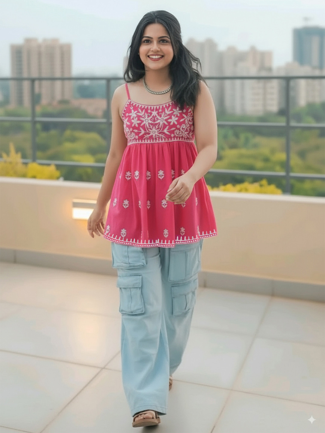 KALINI Floral Embroidered Shoulder Straps Sleeveless Anarkali Kurti