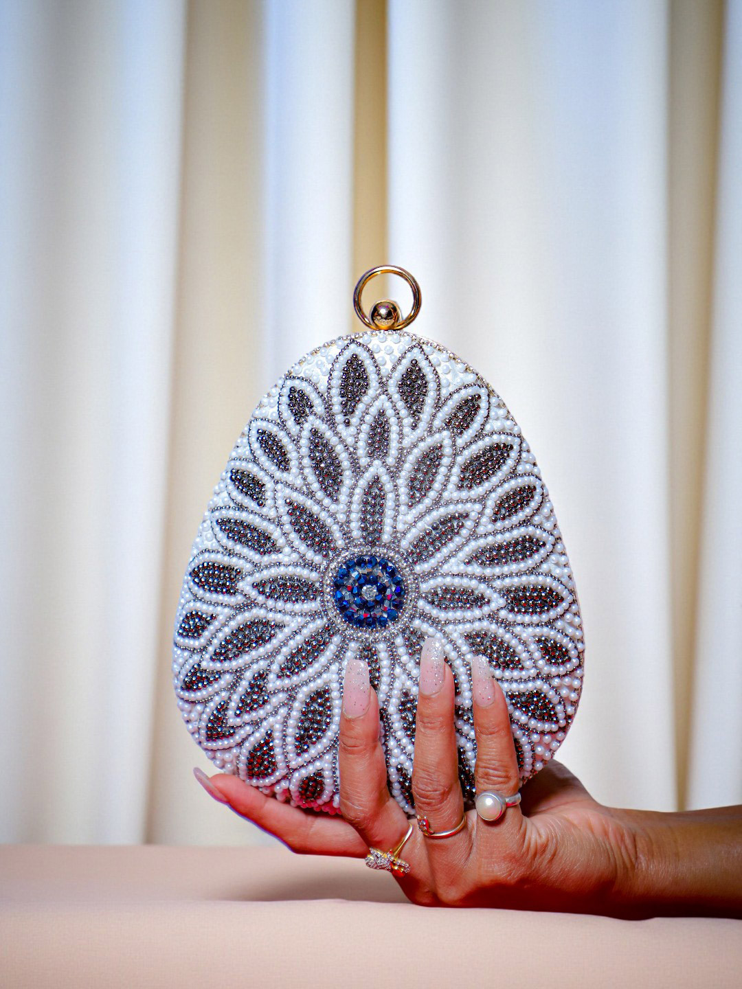 Swisni White Embellished Half Moon Hobo Bag