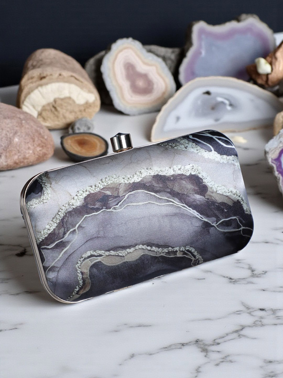 Swisni Silver-Toned & Grey Colourblocked Embellished Purse Clutch