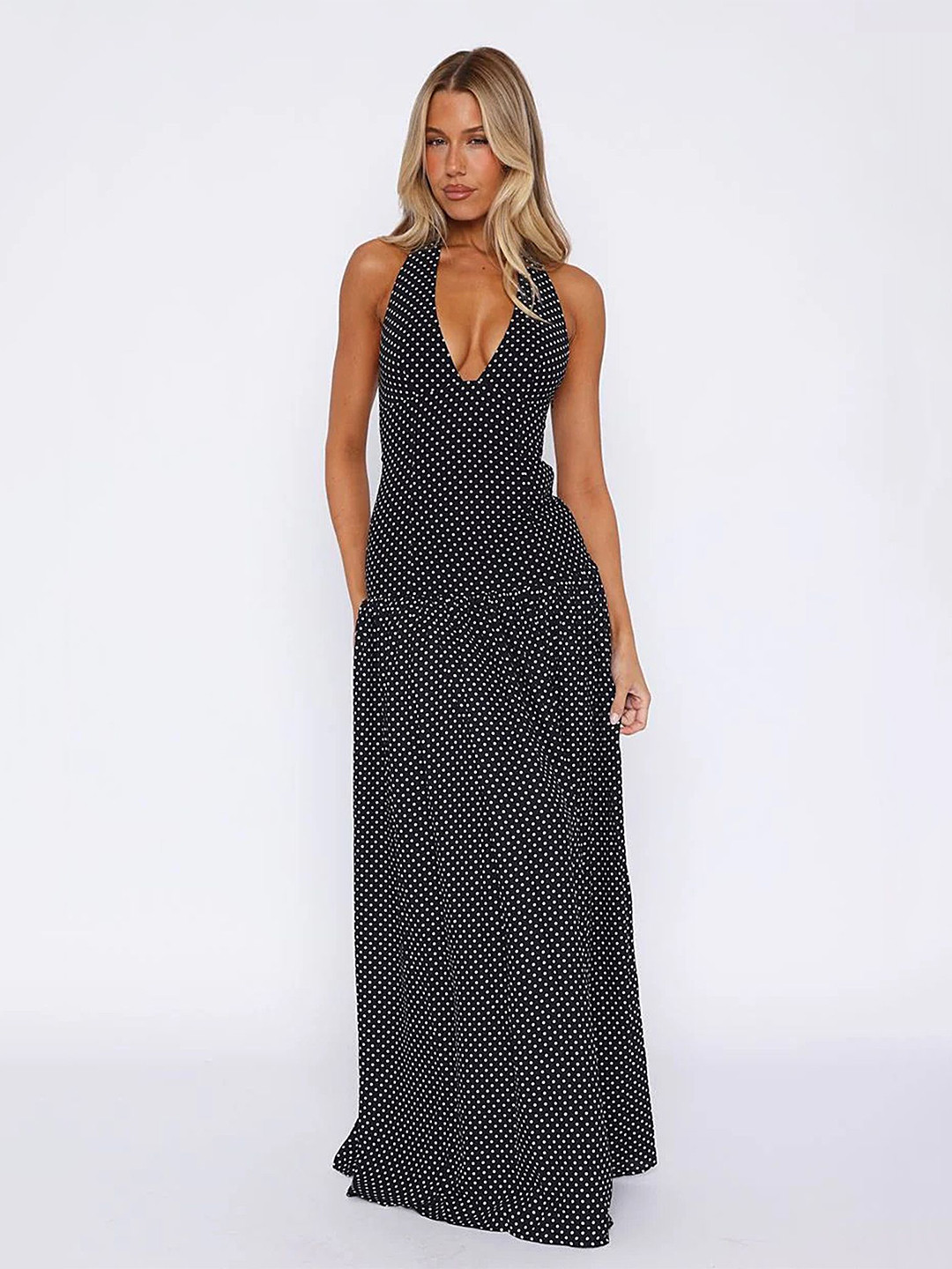 LULU & SKY Polka Dot Print Halter Neck Monochrome Slit Drop-Waist Maxi Dress