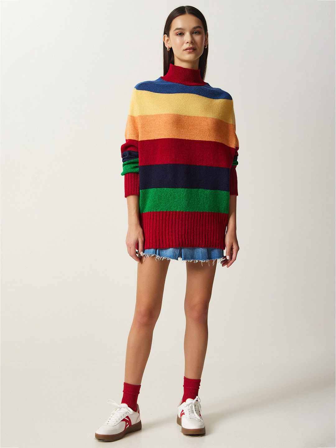 Happiness istanbul Women Striped Turtle Neck Ribbed Pullover Sweaters