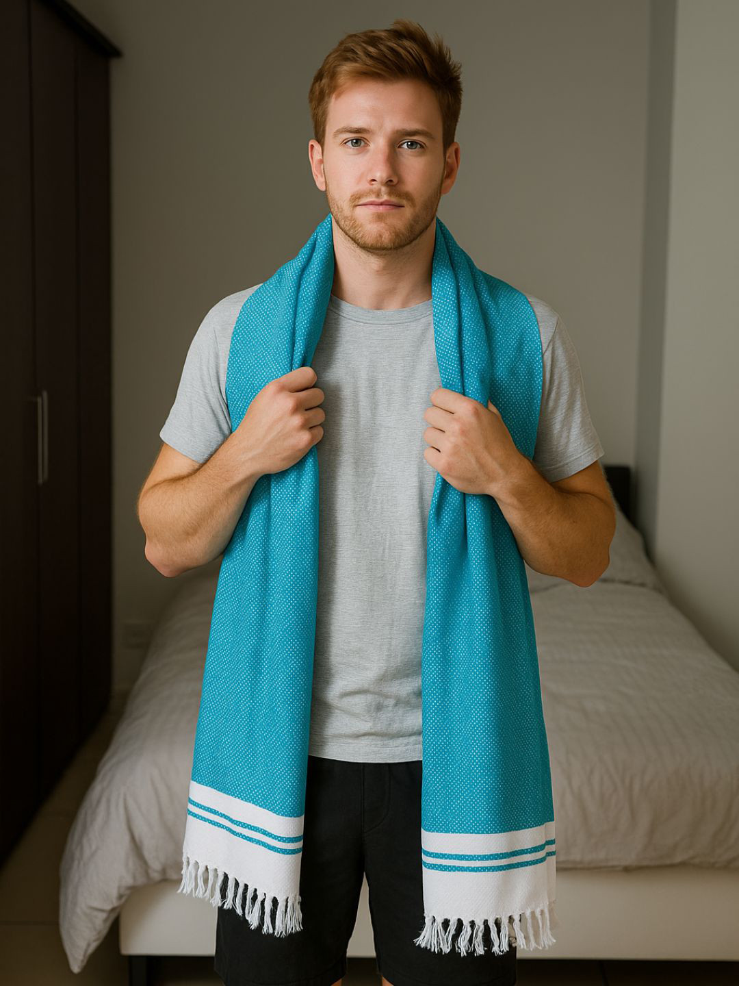 Kryptic Blue & White Checkered Printed 180 GSM Pure Cotton Bath Towel