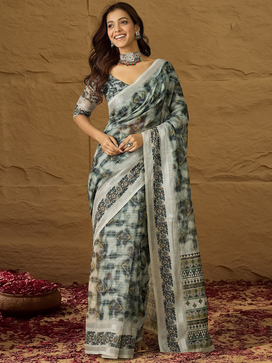 House of Pataudi Digital Printed Linen Bagh Saree With Matching Blouse Piece