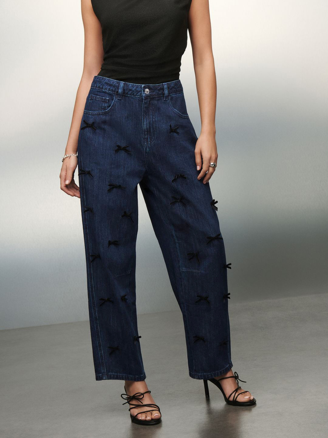 NEXT Women Bow Detail Pure Cotton Barrel Fit Jeans