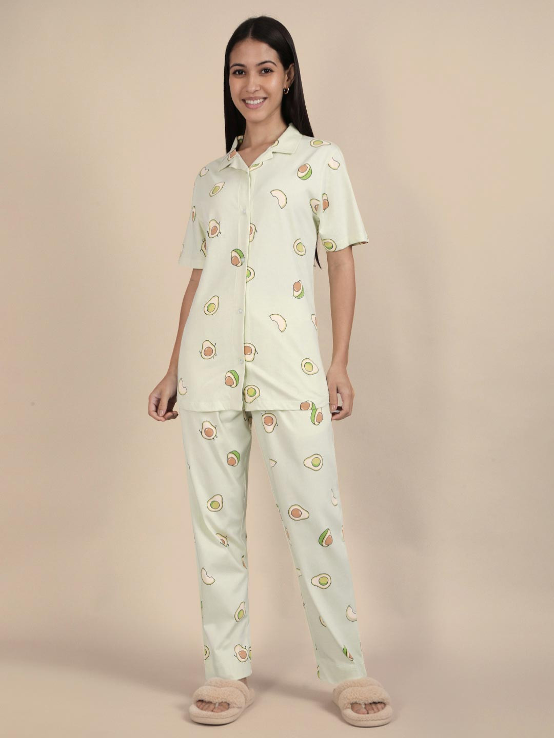 TWIN BIRDS Women Graphic Printed Lapel Collar Night suit