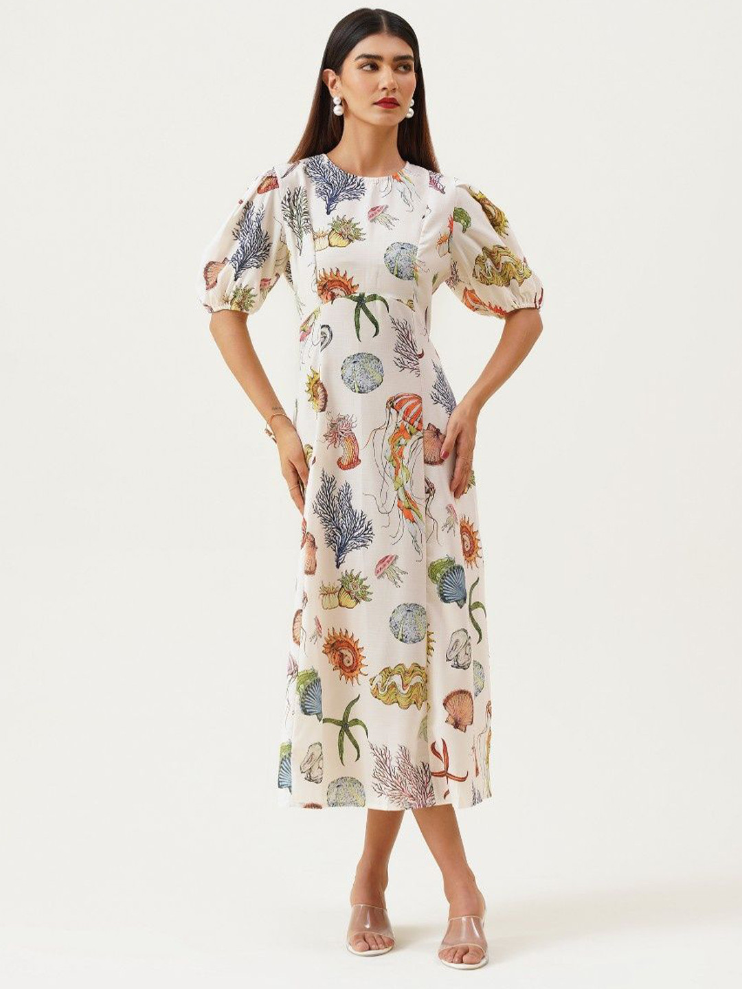 Mylin Print Puff Sleeve A-Line Midi Dress