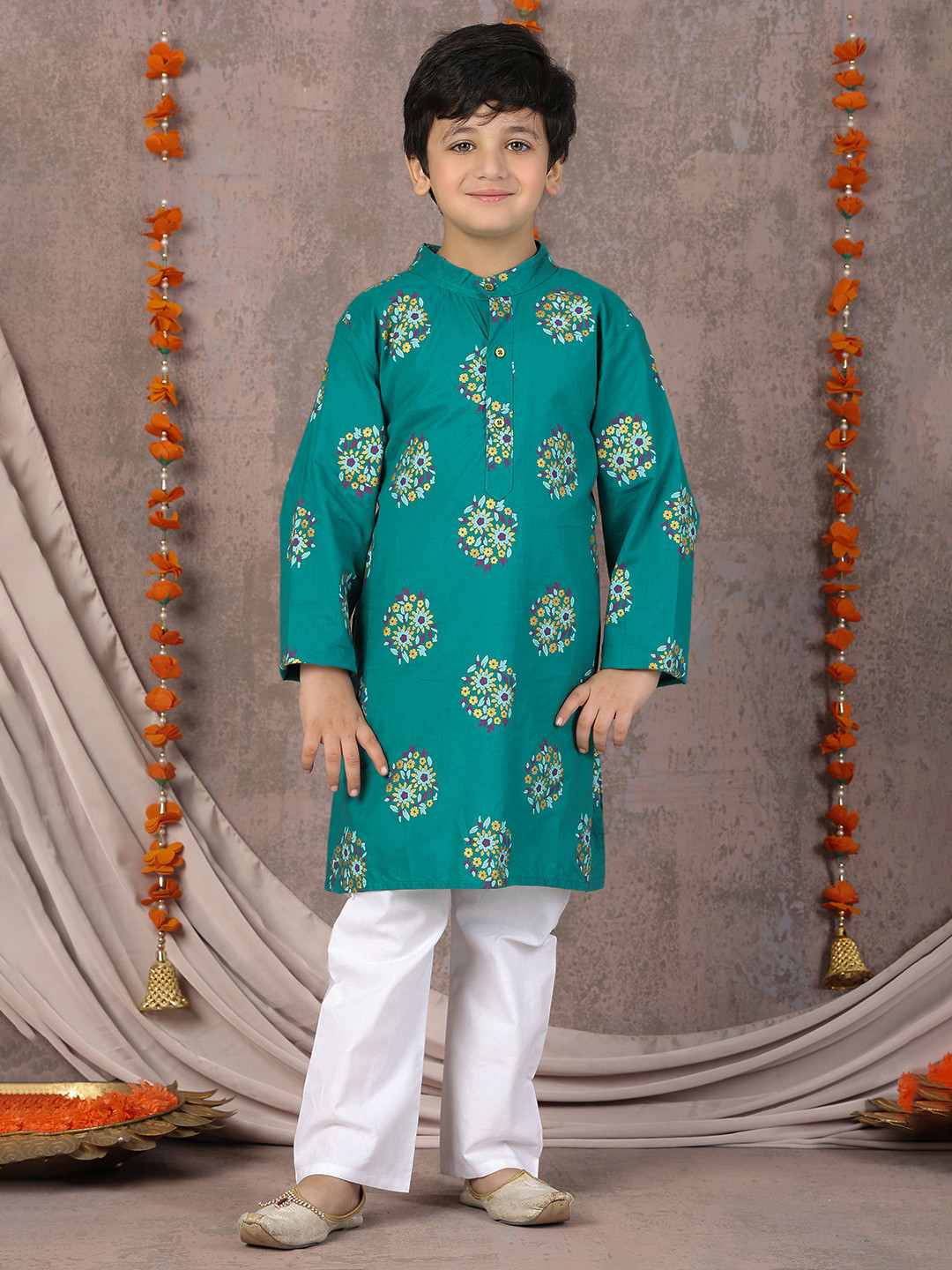Superminis Boys Pure Cotton Gold Foil Printed Teal & White Kurta Pyjama Set
