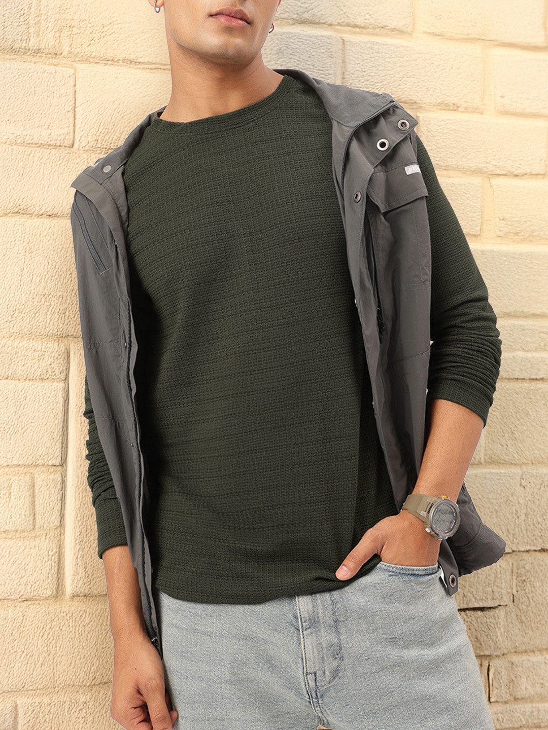 glitchez Self Design Textured Long Sleeves T-shirt