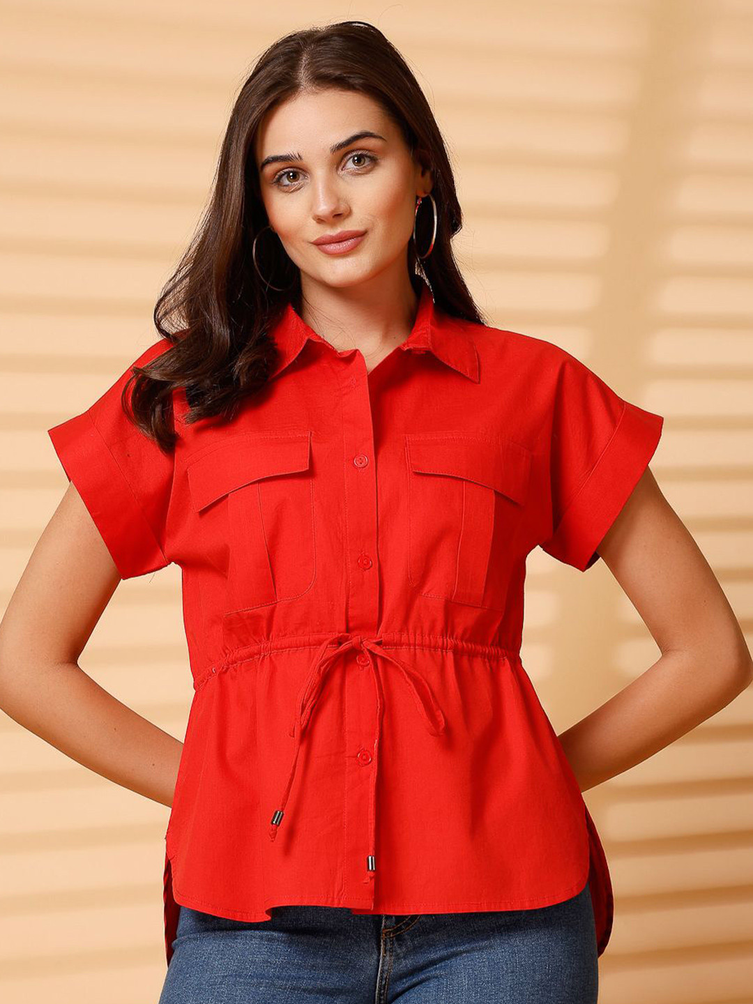 Nomad Lifestyle Women Spread Collar Flap Pocket Casual Shirt With Drawstring Waist
