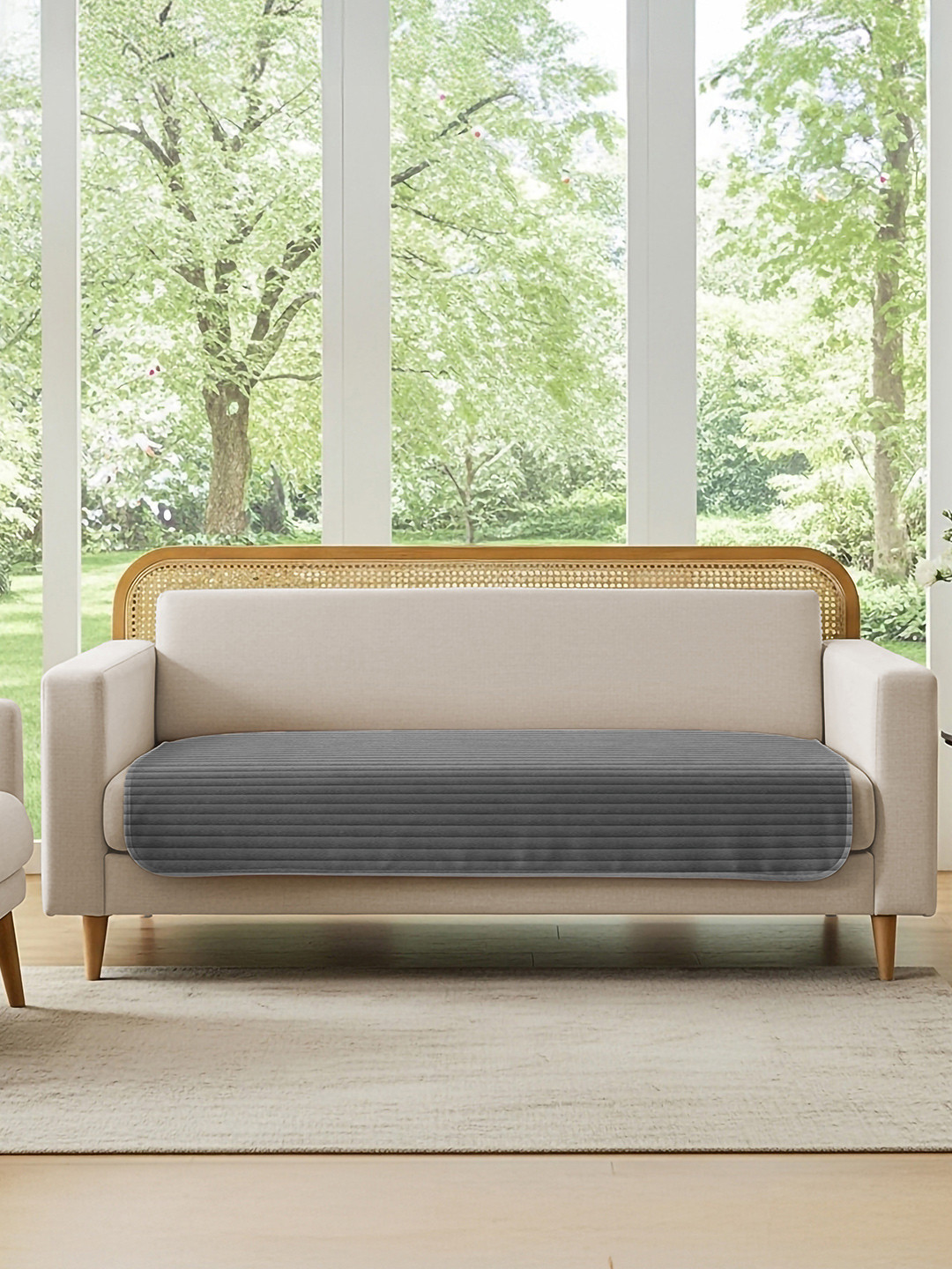 URBAN SPACE Grey & White Quilted Velvet 1 Seater Sofa Cover With Tassels