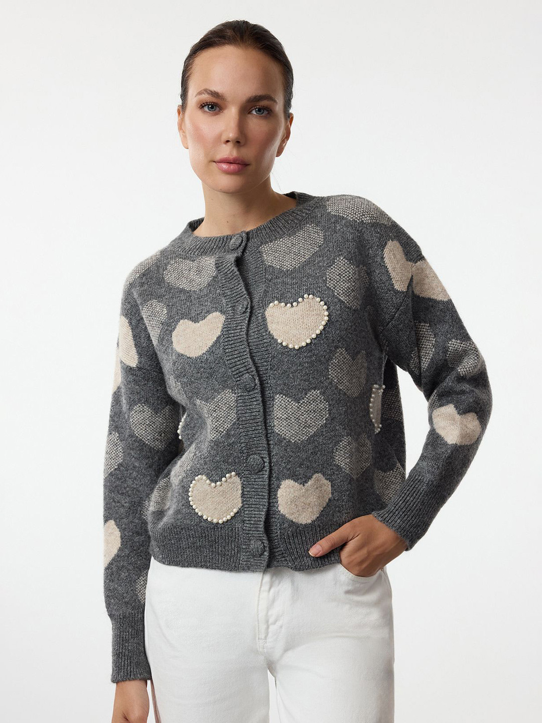 Trendyol Women Round Neck Graphic Printed Long Sleeves Cardigan With Embellished Detail