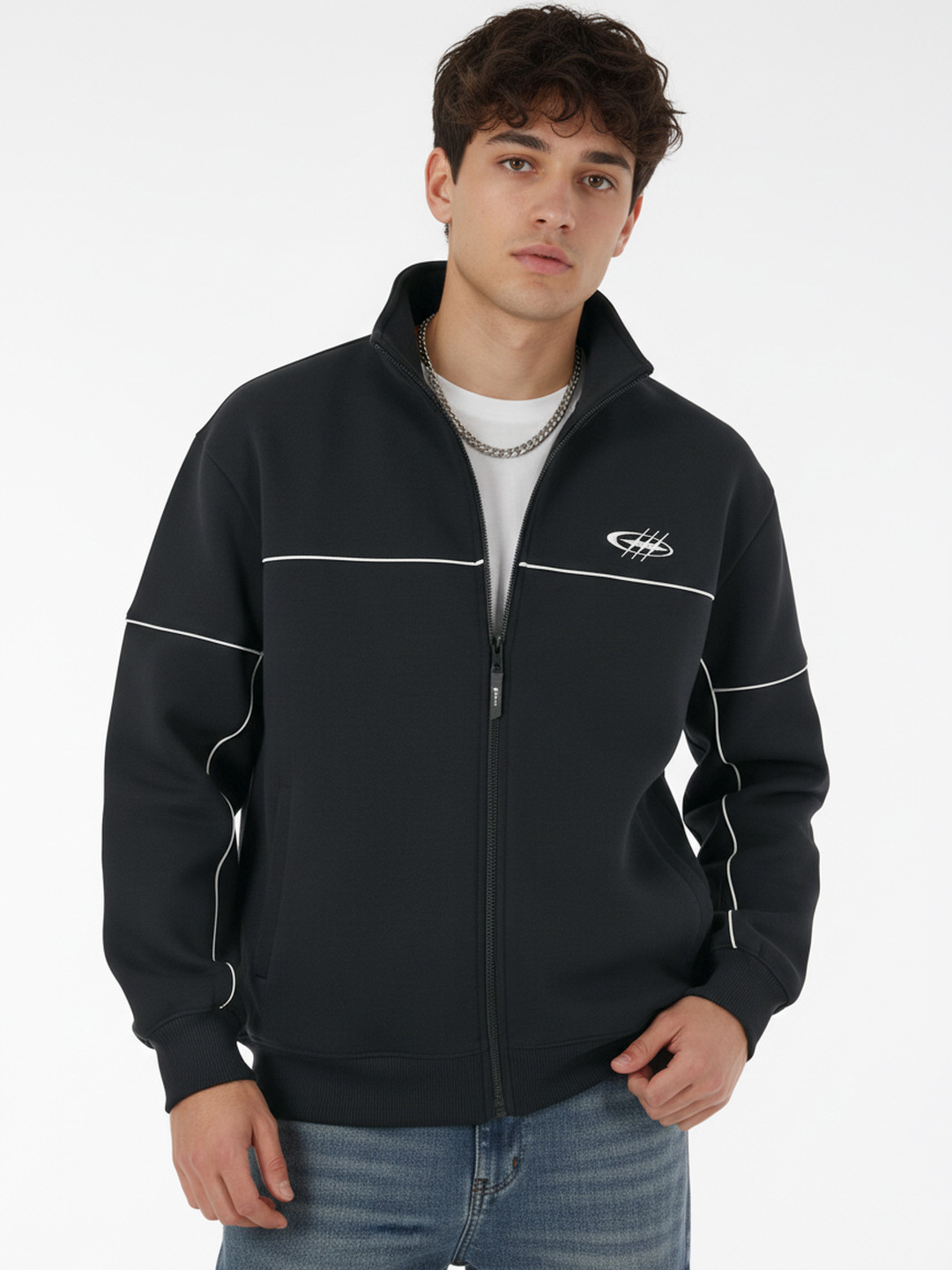 glitchez Contrast Piping Mock Collar Graphic Printed Sweatshirt