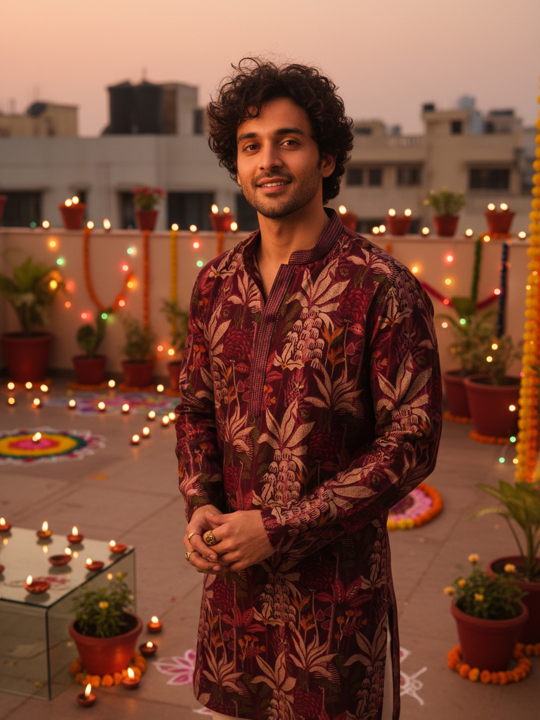 KISAH Men Maroon Multicolor Floral Printed Silk Blend Kurta for Festive & Wedding Wear