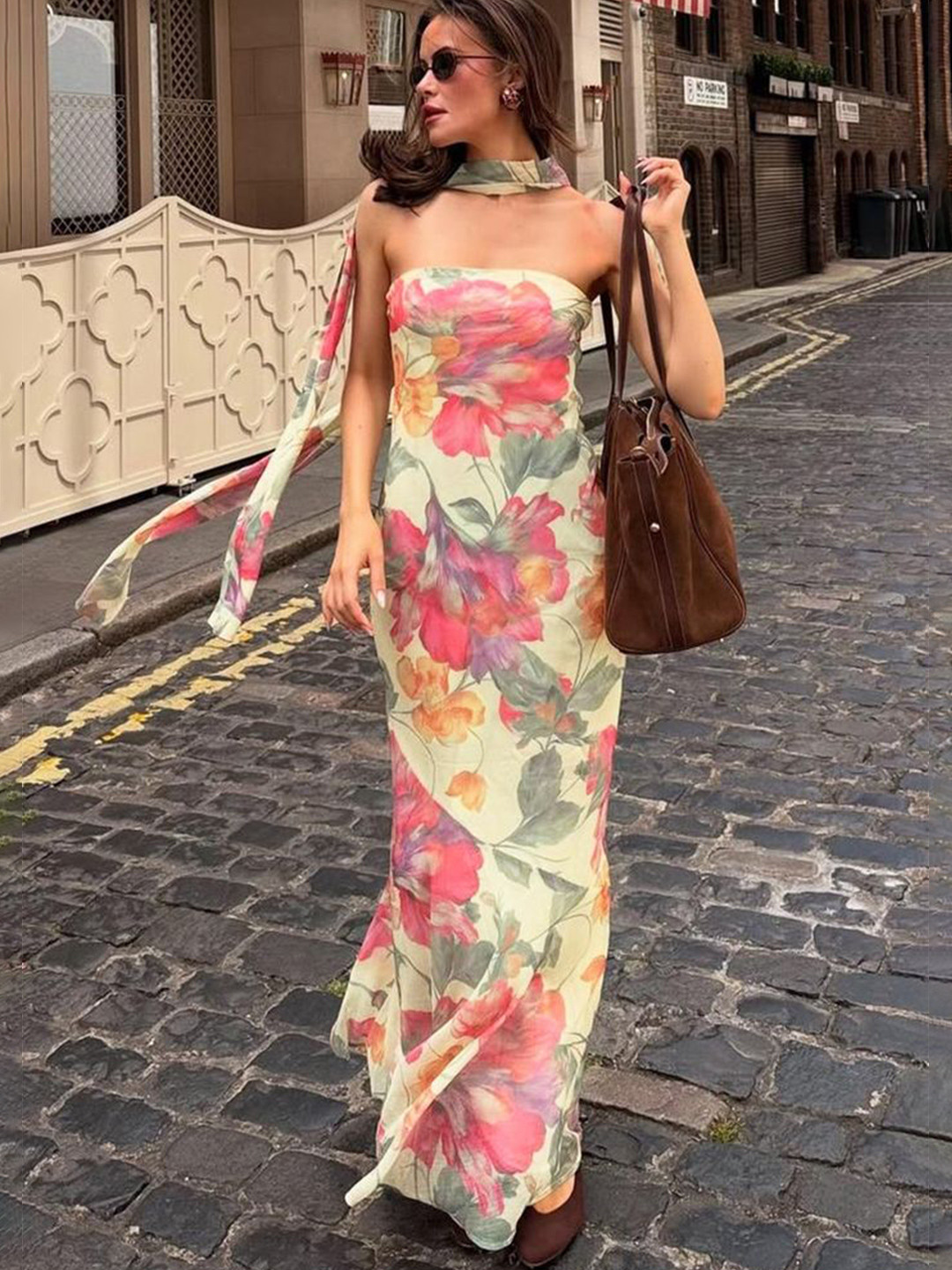 LULU & SKY Women Floral Printed Strapless Bandeau Maxi Dress With Scarf