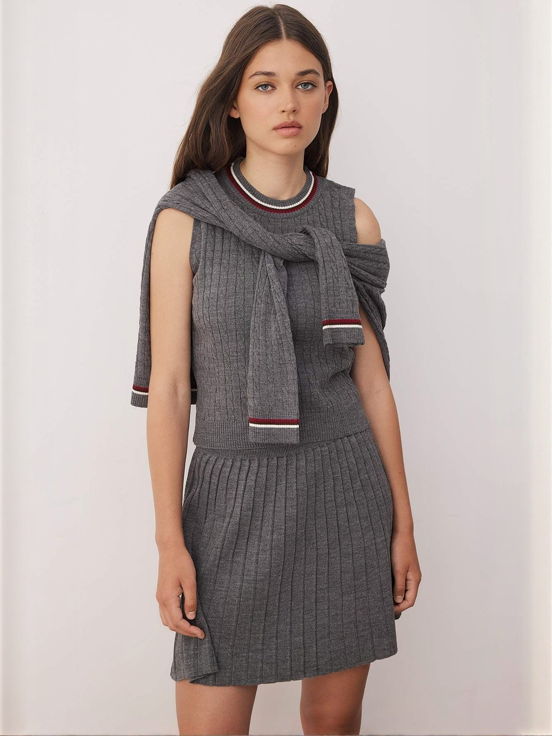 Trendyol Striped Round Neck Acrylic Top And Skirt With Sweater