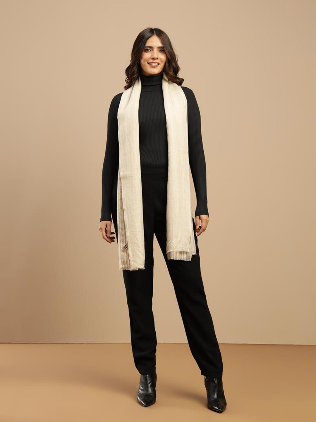 Fabindia Striped Fringed Border Cashmere Wool Shawl