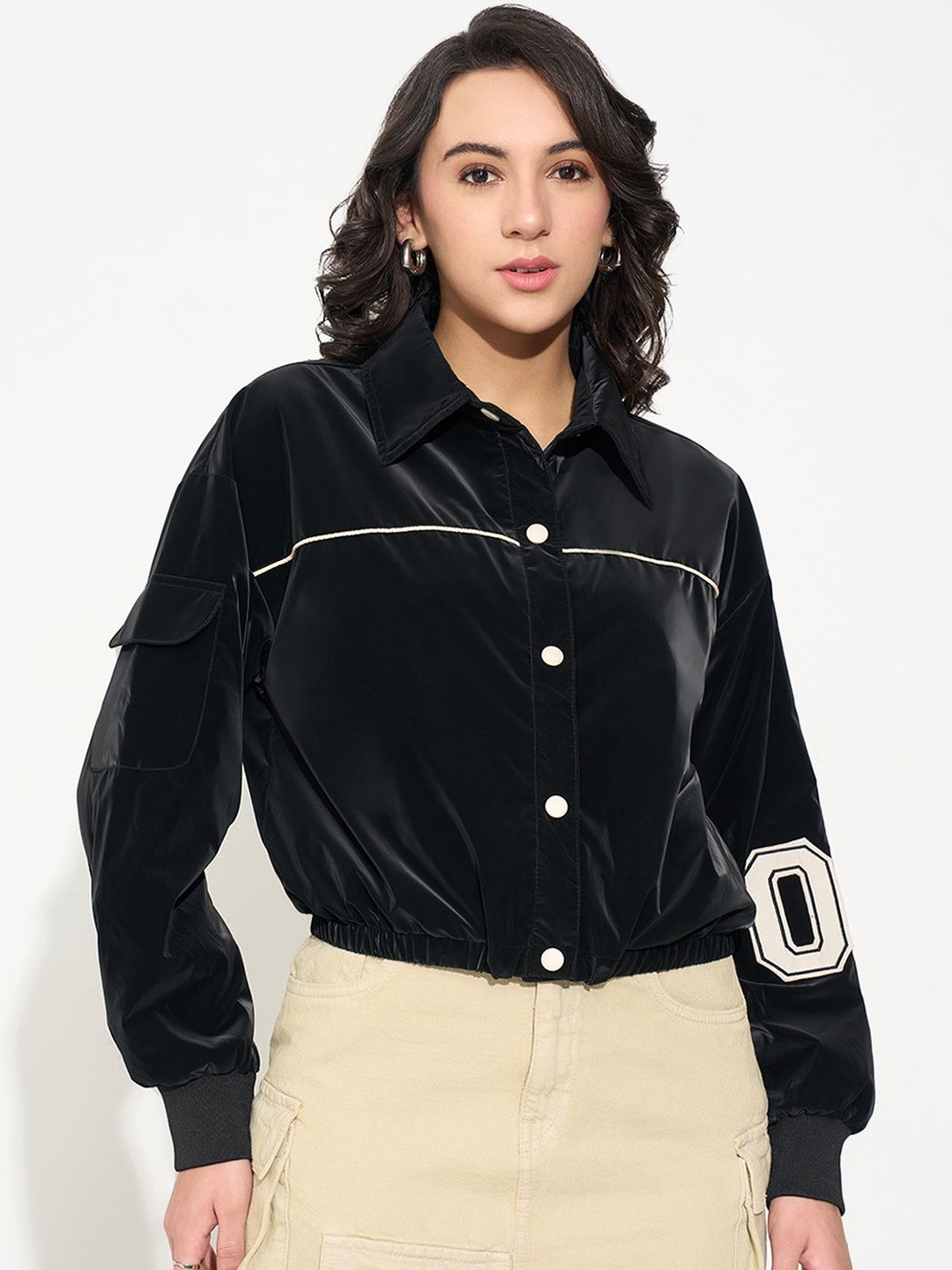 People Women Brand Logo Crop Bomber with Embroidered Jacket