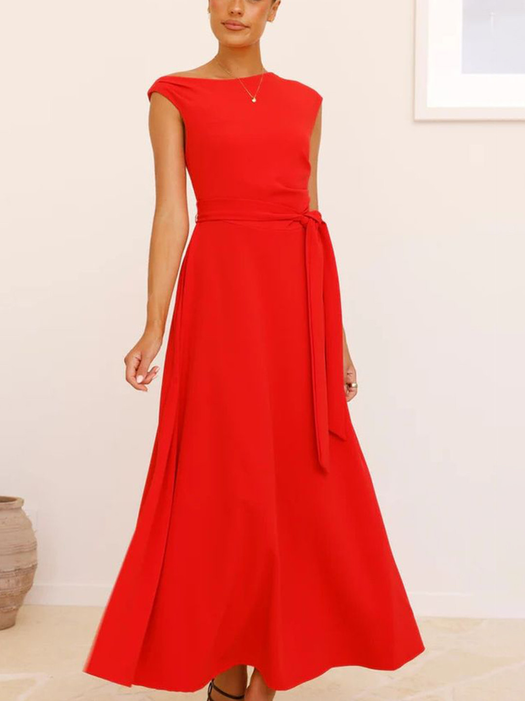 LULU & SKY Women Boat Neck Sleeveless Belted Fit and Flare Maxi Waisted Dress