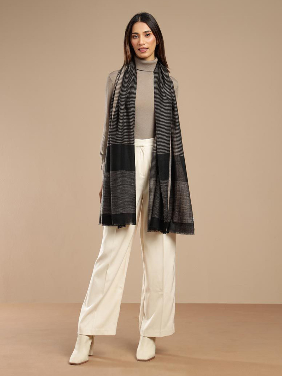 Fabindia Striped Woven Design Fringed Border Detail Cashmere Woollen Shawl