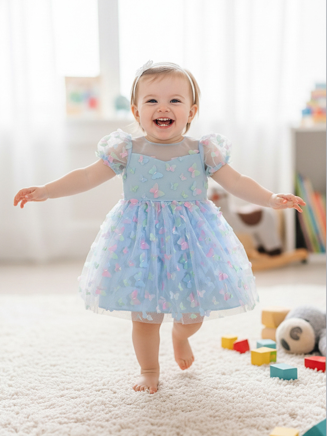 YK Girls Butterfly Applique Puff Sleeves Net Fit & Flare Dress