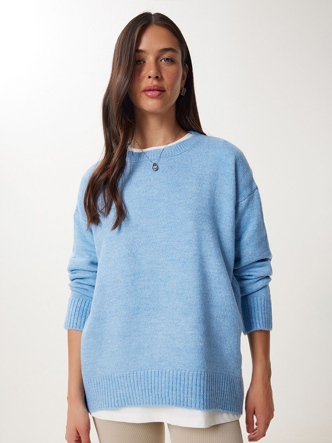 Happiness istanbul Women Mavi Round Neck Long Sleeves Pullover Sweaters