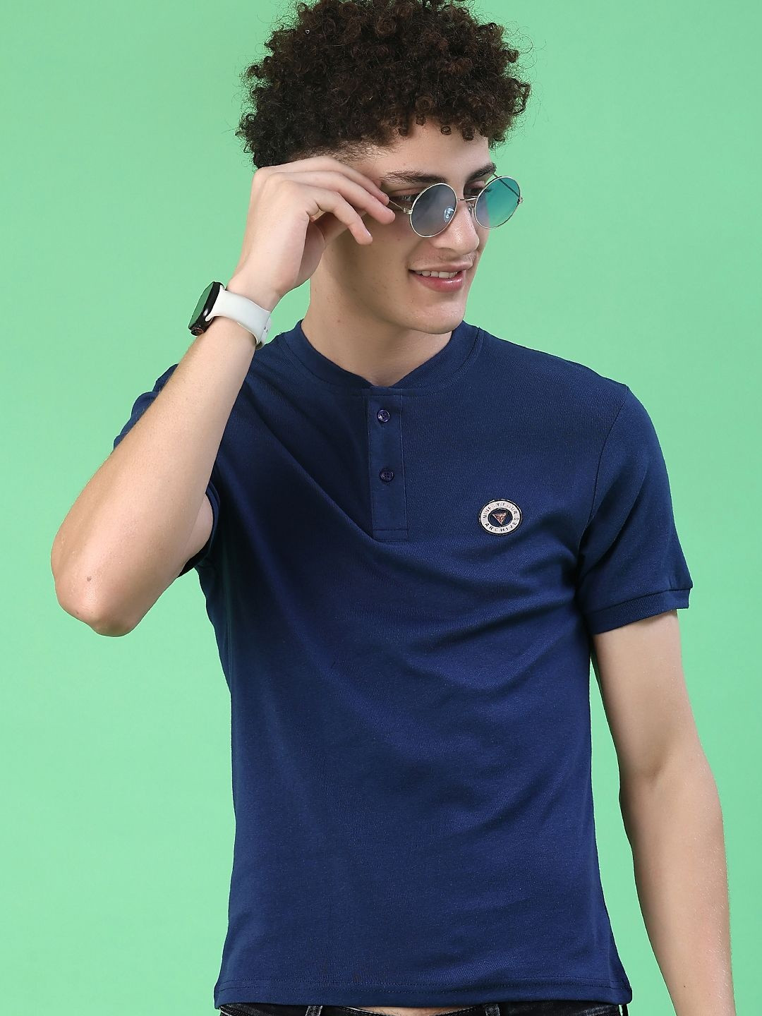 V-Mart Men Brand Logo Henley Neck Applique T-shirt