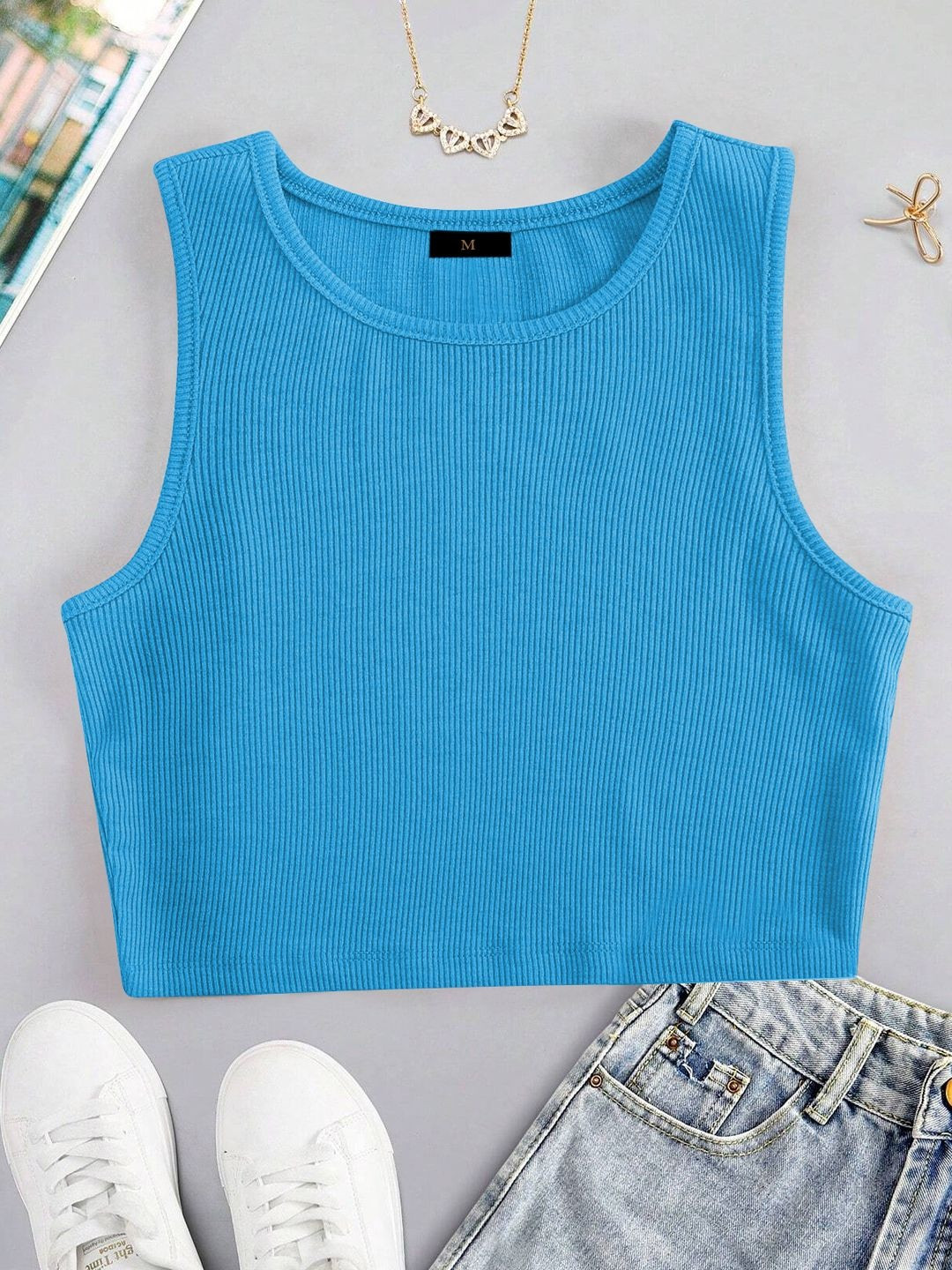 BAESD Women Solid Ribbed Sleeveless Tank Crop Top