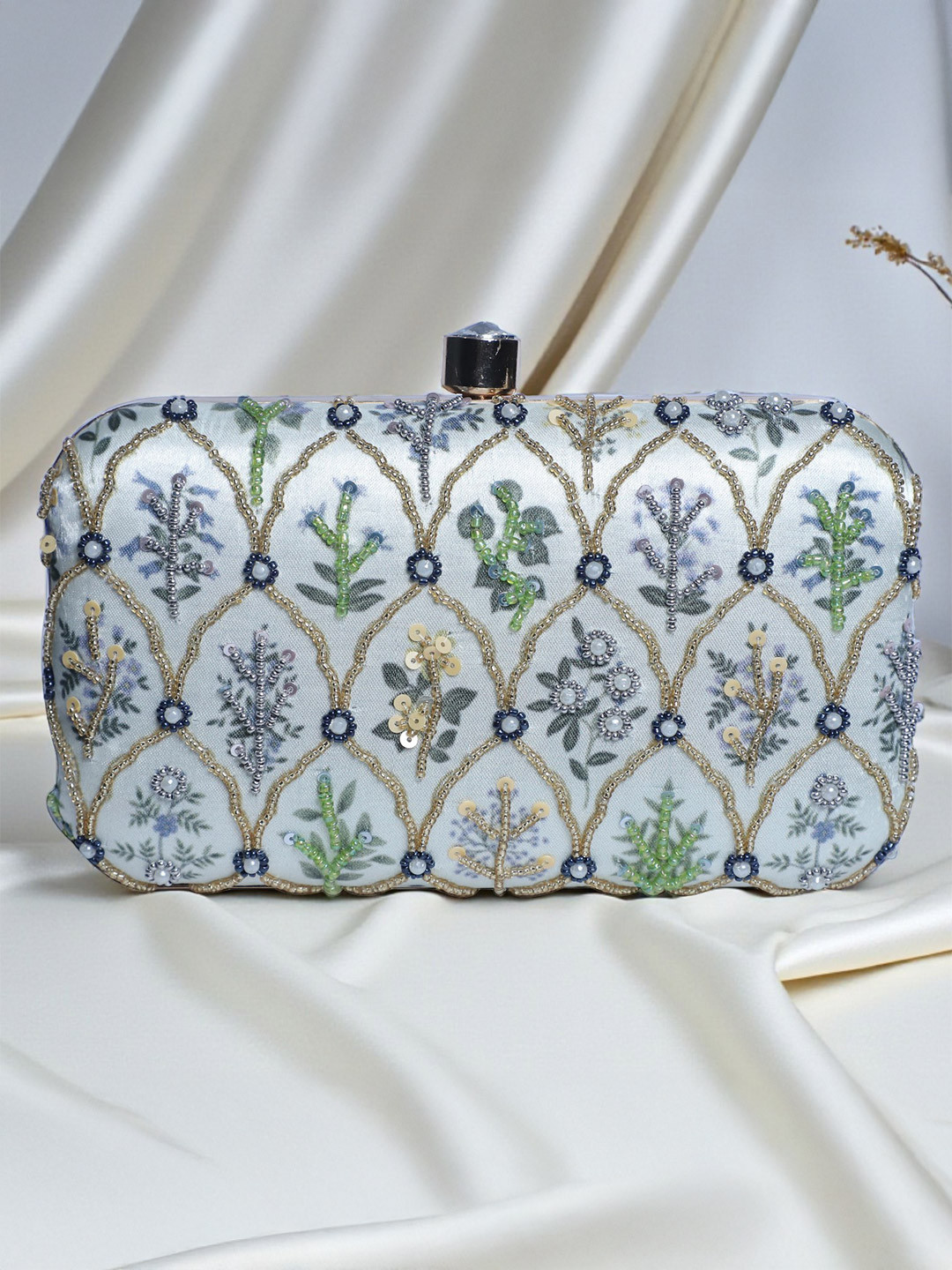 Swisni Turquoise Blue Embellished Box Clutch