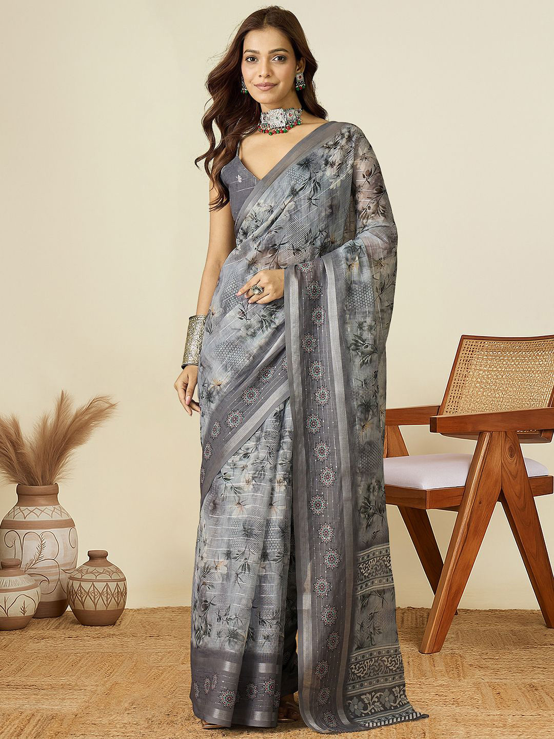 House of Pataudi Digital Printed Linen Bagh Saree With Matching Blouse Piece